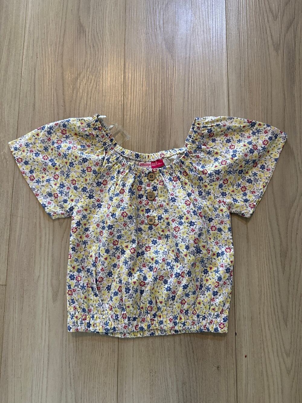 Penelope Mack Girls Floral Peasant Top Size 4 Yellow Blue Smocked Crop Blouse